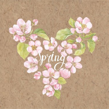 Bahar arka planı. Elma ağaçlarının çiçekli dalları. Suluboya. Kraft kağıdında kalp şeklindeki bileşim.