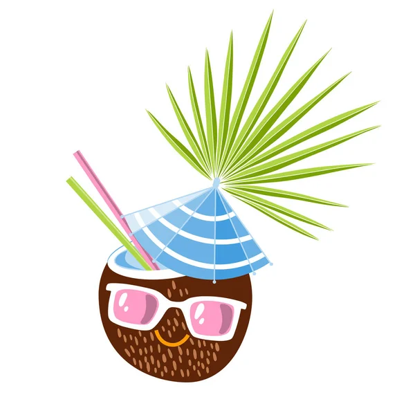 Niedliche Karikatur Kokosnuss Sonnenbrille Isoliertes Vektorzeichen Für Design Auf Weiß — Stockvektor