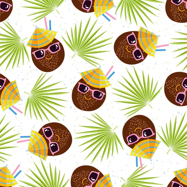 无缝图案 椰子树和棕榈叶有趣 卡通背景 — 图库矢量图片