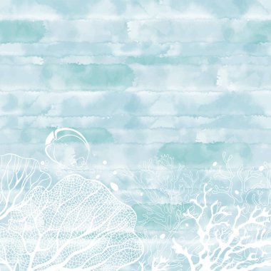 Su altı dünyası. Deniz altyapısı mercanlar, balıklar ve yazı için bir yer. Mavi suluboya arkaplanının vektör çizimi.