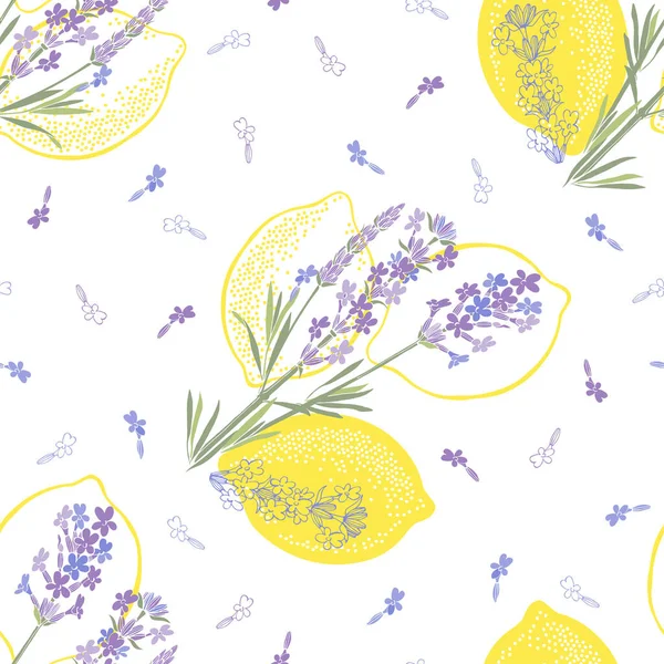 Lemons Lavender Seamless Vector Pattern White Vector Illustration — Stock Vector