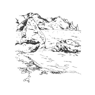 Dağlar, uçurum, deniz, sahil. Elle çizilmiş siyah beyaz bir çizim. Gerçekçi vektör illüstrasyonu.