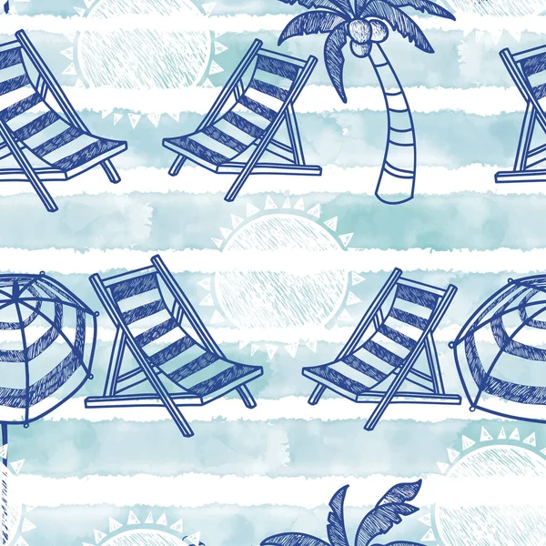 Hand Drawn Beach Vacation Symbols Striped Blue Watercolor Background Vector — Stock Vector