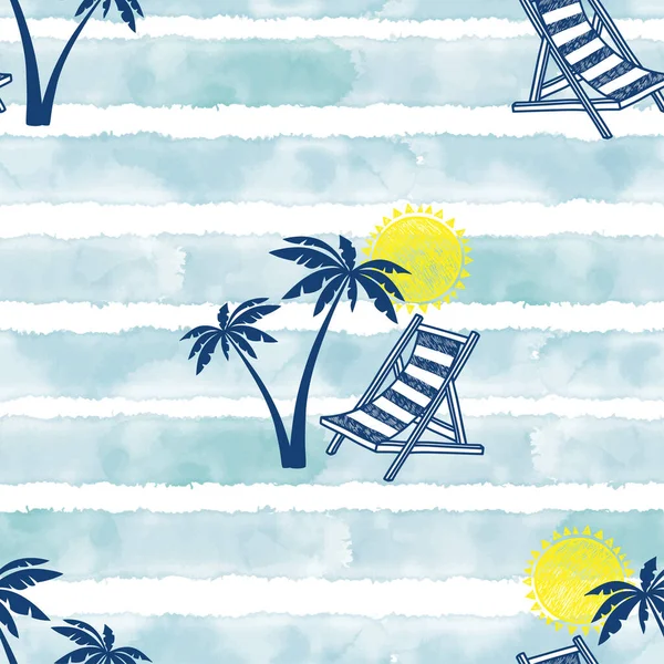 病媒海滩无缝模式 夏天的背景沙滩椅子 棕榈树 阳光和带条纹的蓝色水彩背景 — 图库矢量图片