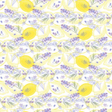 Limon ve lavanta. Beyazın üzerinde kusursuz vektör deseni. Vektör illüstrasyonu.