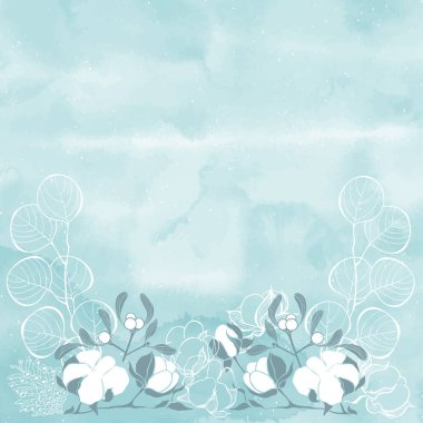 Kış ya da Noel temalı, çiçekli, suluboya lekeli ve yazılı. Vektör düzeni dekoratif tebrik kartı veya davet tasarım arkaplanı. 