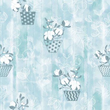 Çiçekli arka plan. Pamuk ve okaliptüs dalları, ökseotu, okaliptüs ve çam kozalakları. Doğa kusursuz desen. Vektör. Kış ya da Noel teması, çiçek ve suluboya lekeleri üzerine önceden hazırlanmış tasarım. 