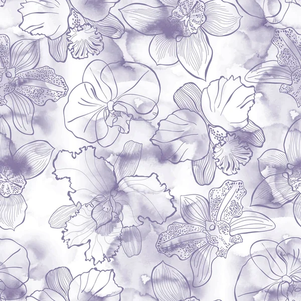 Monochrome Seamless Background Orchids Vector Design Line Art Watercolor — Stock Vector