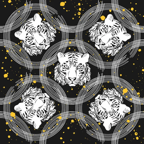 Тигрові Обличчя Кола Бризки Чорному Тварини Мистецтва Фону Векторні — стоковий вектор