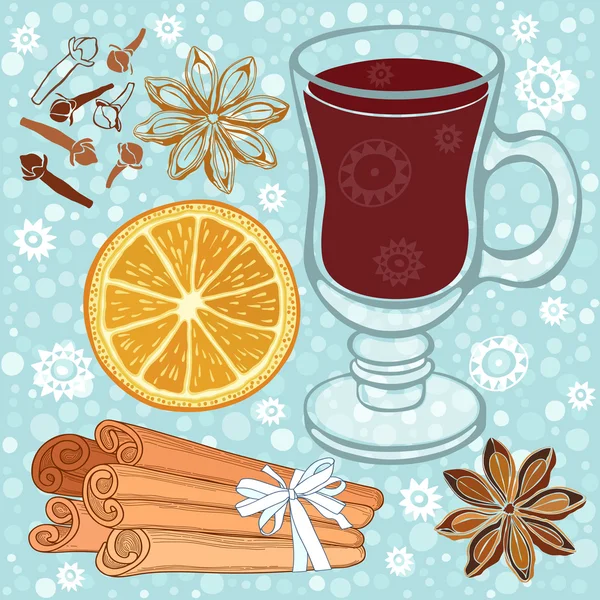 Set of mulled wine, orange and spices — Stock Vector