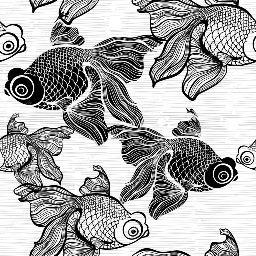 Monochrome seamless pattern with fishes