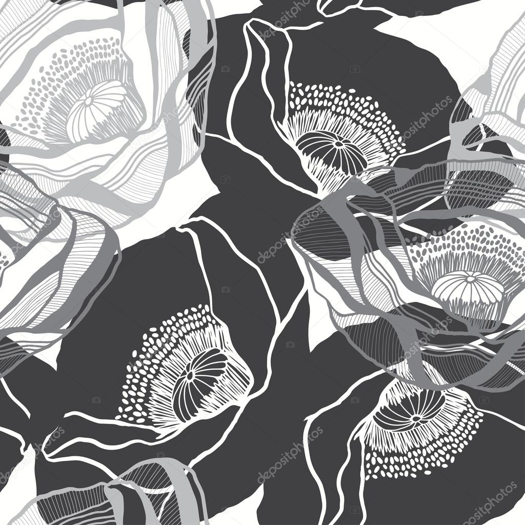 Monochrome seamless pattern with poppies