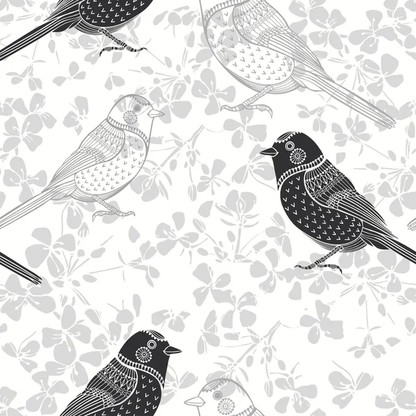Floral απρόσκοπτη μοτίβο με τα πουλιά — Διανυσματικό Αρχείο