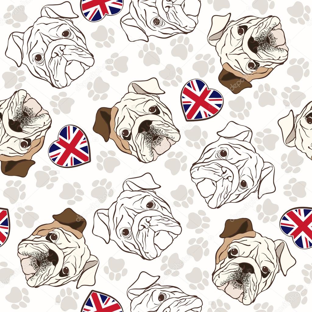Pattern with Bulldog, traces and hearts