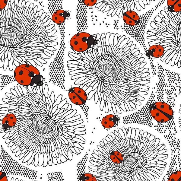 Dandelions ve ladybirds desen — Stok Vektör