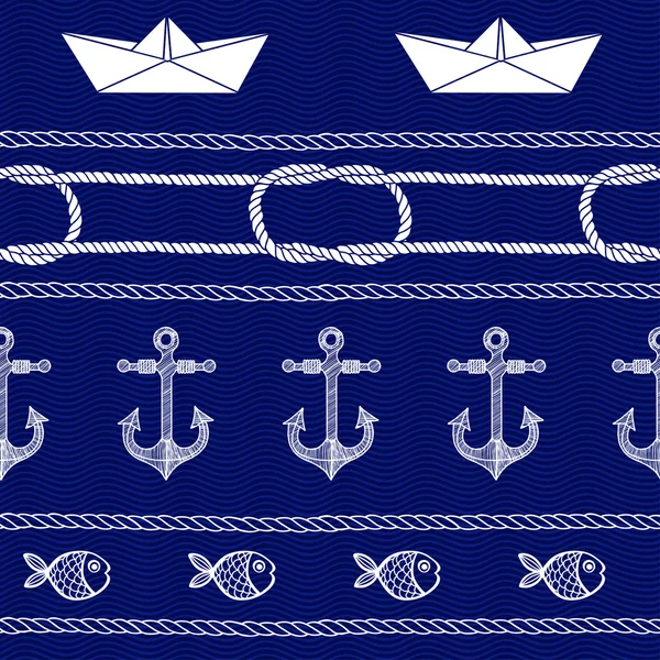 Fond bleu avec navires, ancres, poissons — Image vectorielle