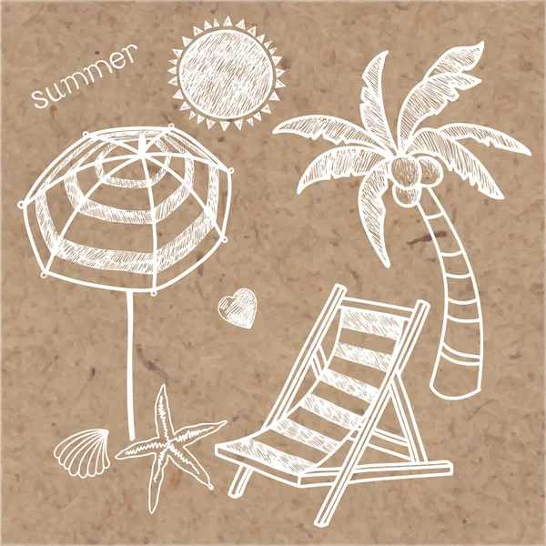 Umbrella, palm tree with coconuts, seastar, chaise-longue, sun — Stock Vector