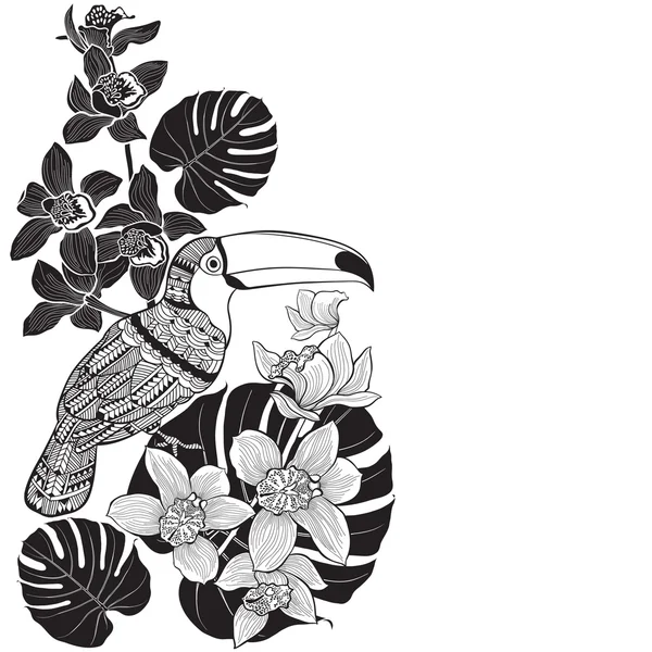 Toucan με τροπικά και floral — Διανυσματικό Αρχείο
