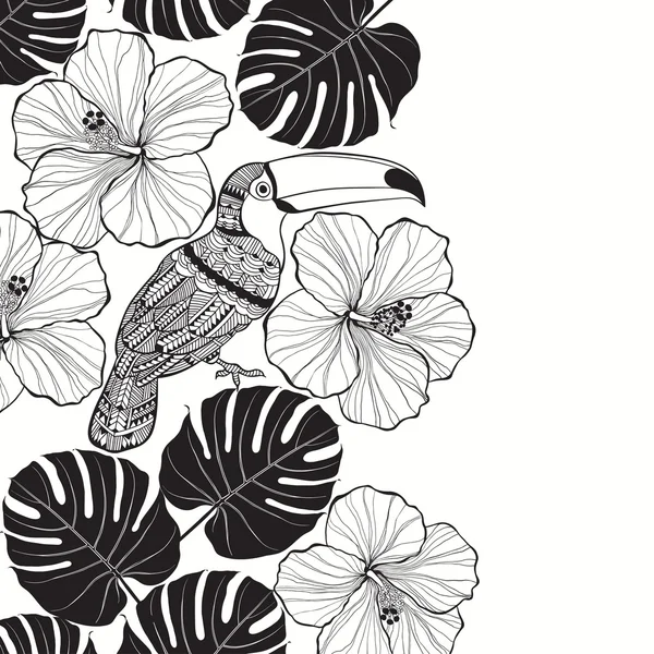 Toucan met tropische bloemen — Stockvector