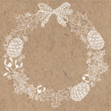 Kraft kağıt üzerinde Noel çelenk.