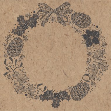 Kraft kağıt üzerinde Noel çelenk.