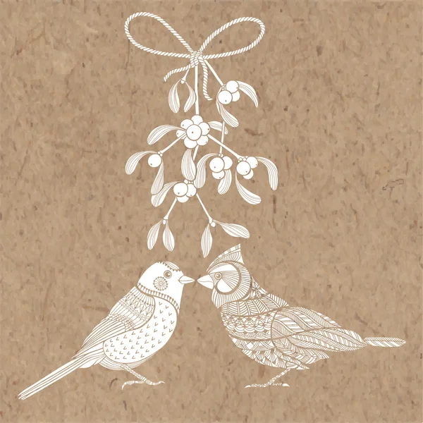 Oiseaux et gui. Carte de Noël — Image vectorielle