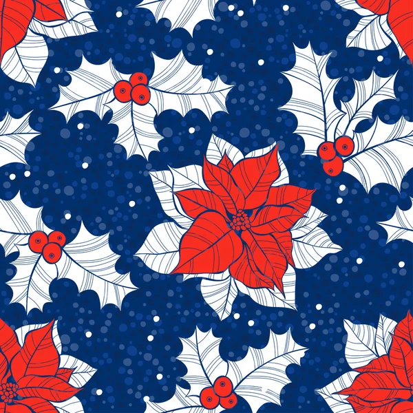 Naadloze patroon met poinsettia bloemen en holly. — Stockvector