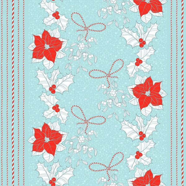 Pattern with  poinsettia flowers, mistletoe and holly — Stock Vector