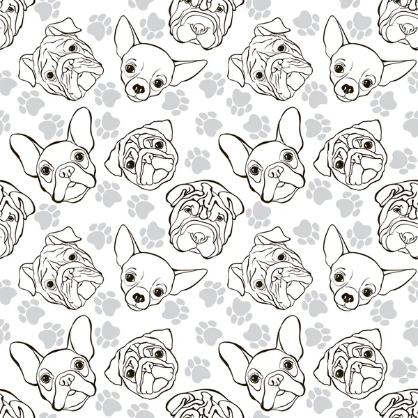 Seamless pattern with faces dogs and traces — Stock Vector