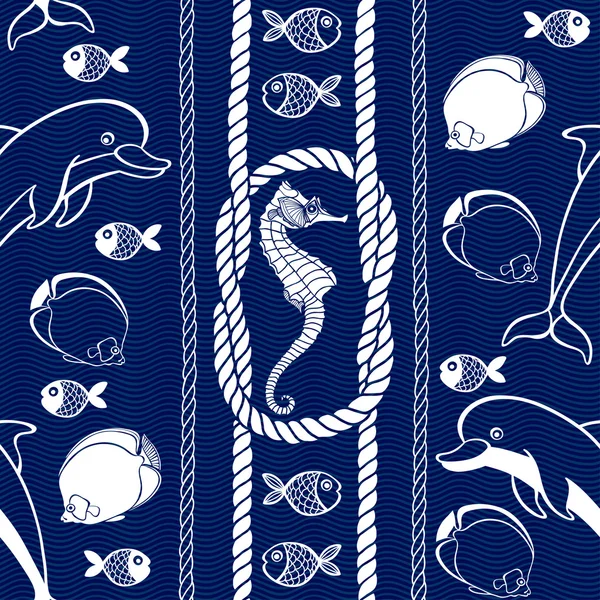 Motif avec dauphins, poissons et hippocampes — Image vectorielle