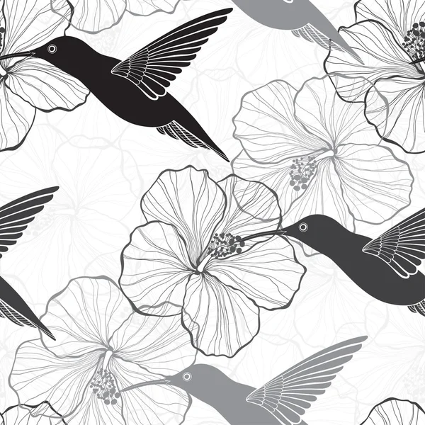 Modello senza cuciture con fiori di ibisco e colibrì — Vettoriale Stock