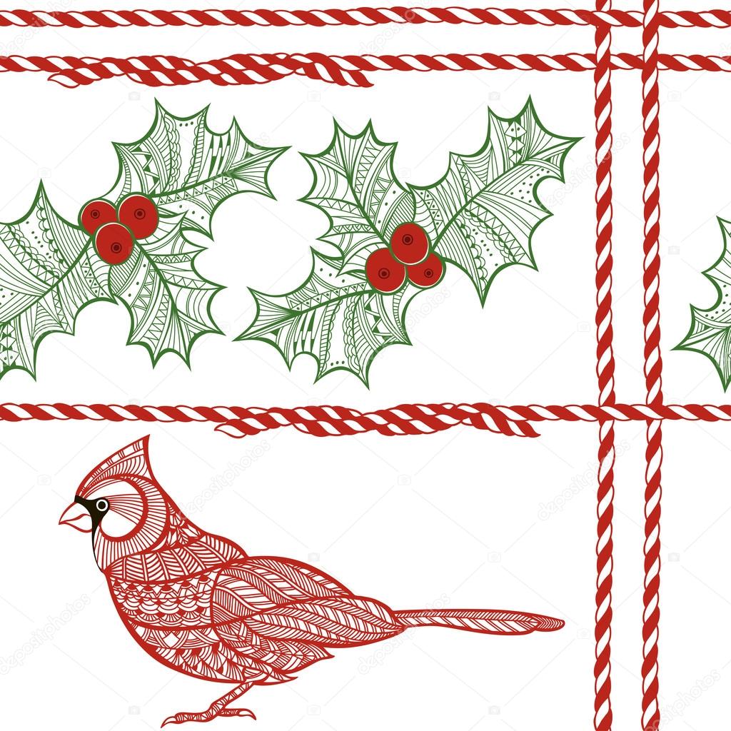 seamless pattern with holly berries, cardinal