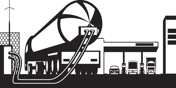 Tanklastzug belädt Tankstelle mit Kraftstoff — Stockvektor