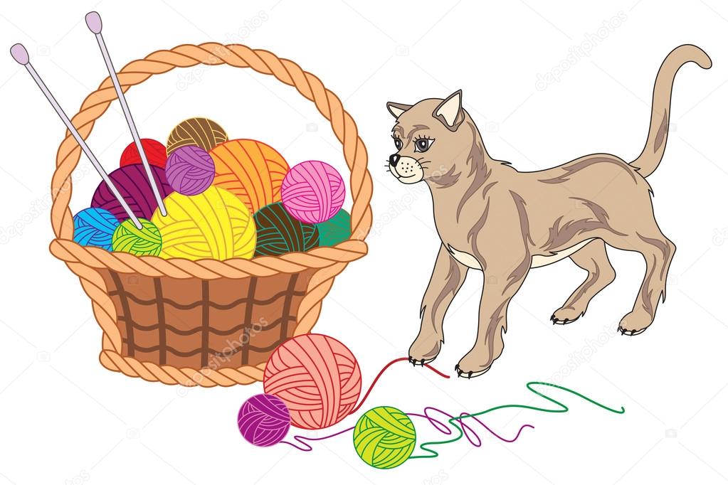Basket with balls of yarn and cat