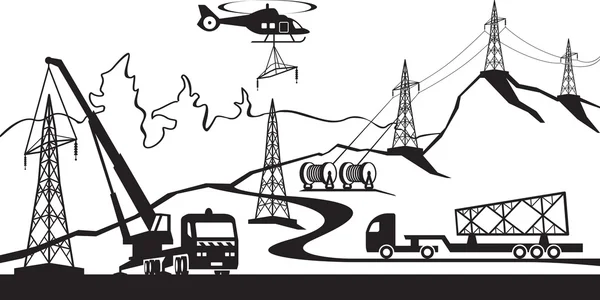 Construcción de una línea de transmisión eléctrica — Vector de stock