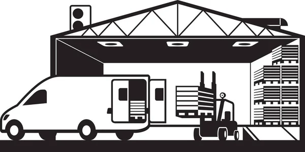 Carretilla Elevadora Que Carga Furgoneta Carga Con Las Plataformas Ilustración — Archivo Imágenes Vectoriales