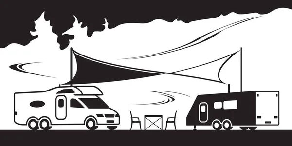 Caravane Camping Car Avec Hangar Sur Camping Illustration Vectorielle — Image vectorielle