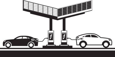 Güneş panelleri vektör illüstrasyonlu şarj istasyonunda elektrikli araçlar