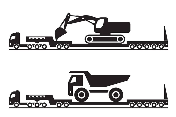 重型拖拉机运输挖掘机和倾卸卡车矢量图解 — 图库矢量图片