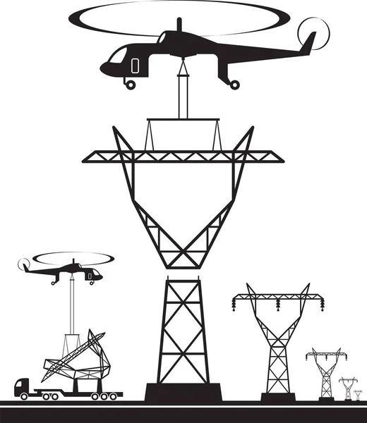 Helicopter Installs Electric Pole Power Line Vector Illustration — Stock Vector