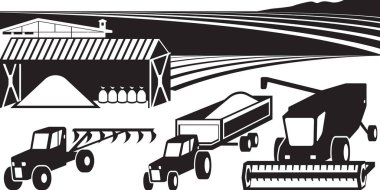 Tarımsal makineler ve depo ile tarım bahçesi - vektör illüstrasyonu