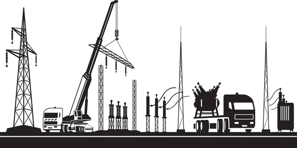 Costruzione Della Rete Elettrica Sottostazione Vettoriale Illustrazione — Vettoriale Stock