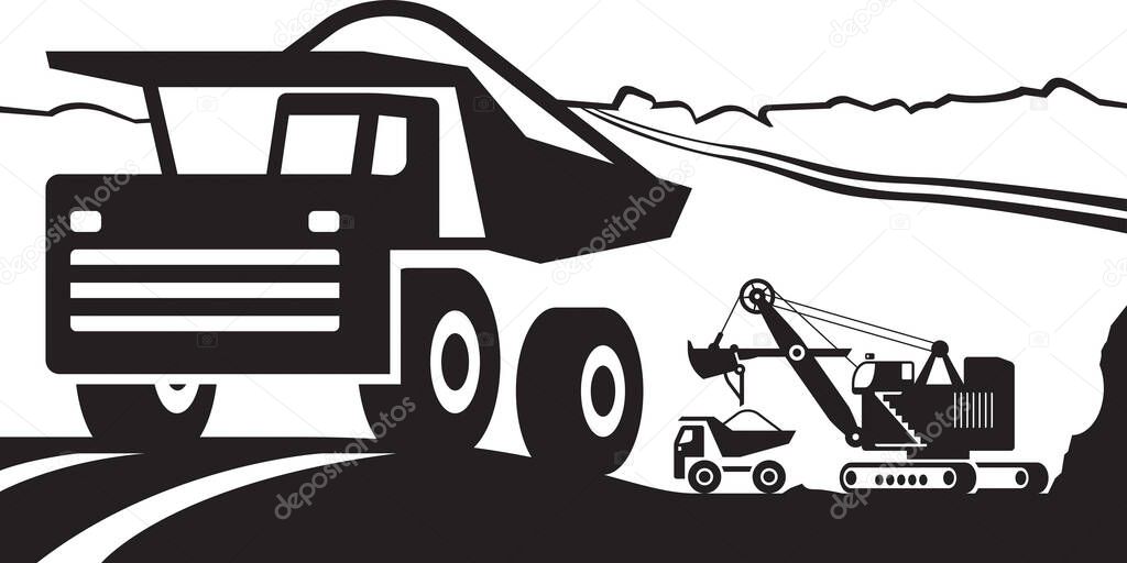 Heavy duty truck with ore in open pit - vector illustration