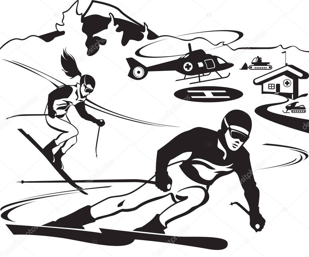 Mountain rescue service ensures skiers on slope - vector illustration
