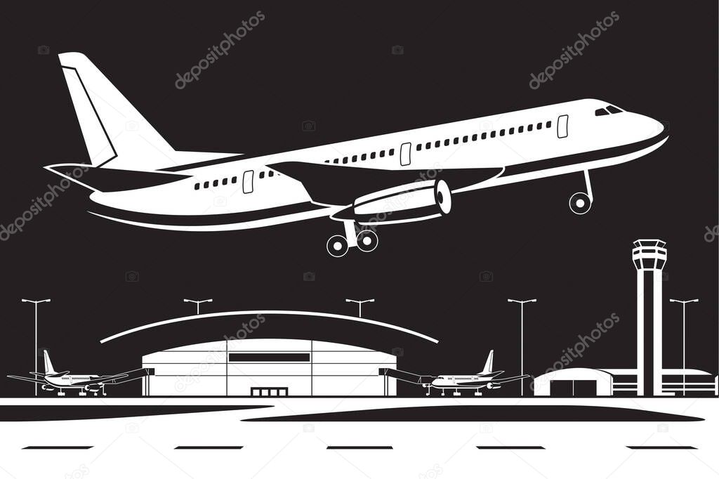 Aircraft taking off from the airport by night- vector illustration