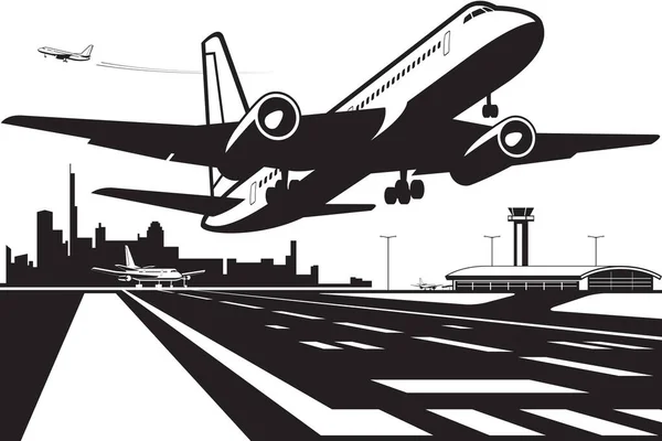 Avión Pasajeros Despega Pista Aeropuerto Ciudad Vector Ilustración — Vector de stock