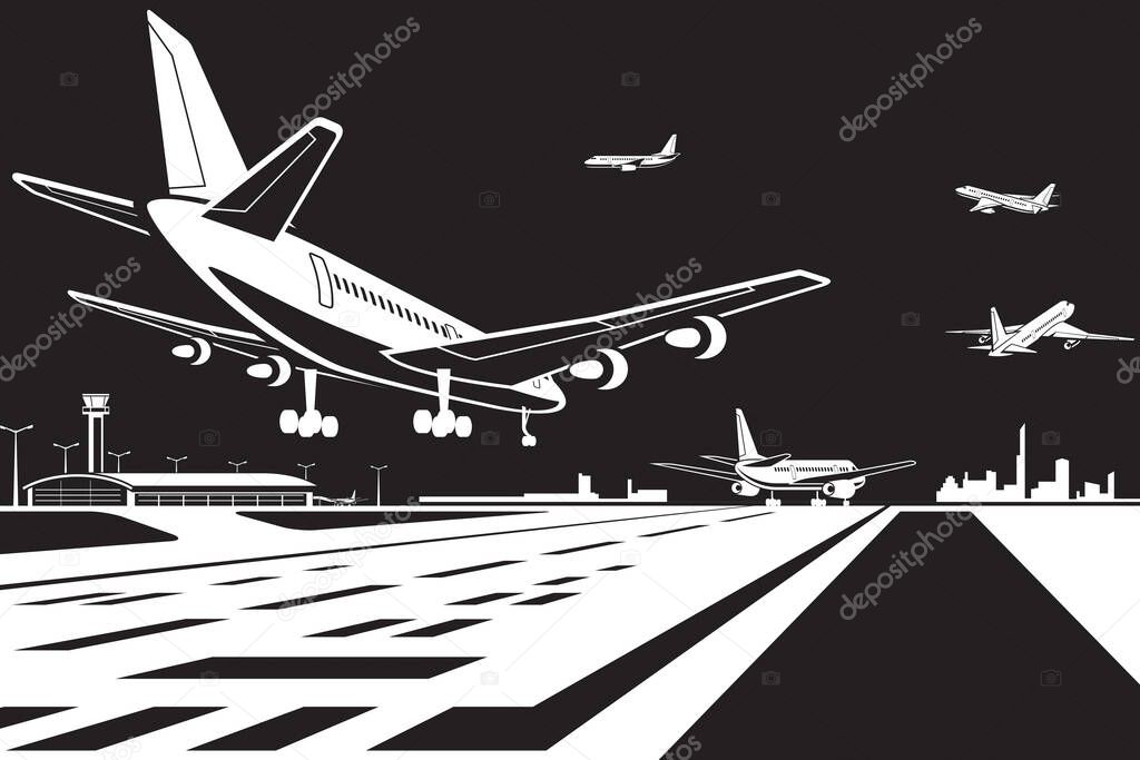 Aircrafts landing and taking off at airport by night - vector illustration