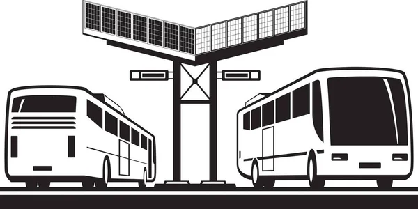 Autobusy Stanici Solárními Panely Vektorová Ilustrace — Stockový vektor