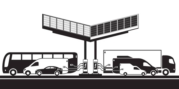 Different Electric Vehicles Charging Station Solar Panels Vector Illustration — Vetor de Stock