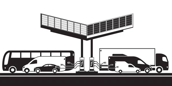 带太阳能电池板矢量图解的充电站中的不同电动汽车 — 图库矢量图片